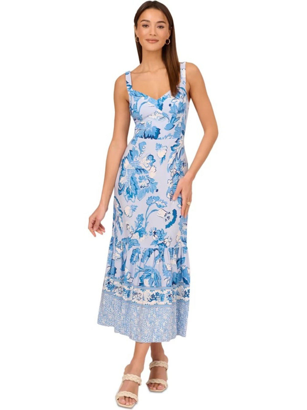 Adrianna Papell Blue Floral Midi Sundress - Sleeveless V-Neck